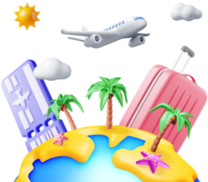 3d paysage de paume sur plage, avion billet sac png