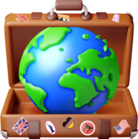 3d vintage suitcase with blue globe inside png