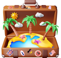3d vintage suitcase with tropical island inside png