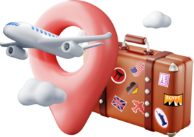 3d vintage travel bag, location pin and airplane png