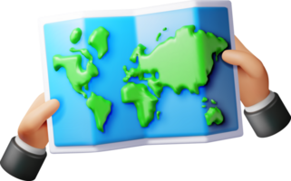 3d cartone animato piegato mondo carta geografica nel mano png