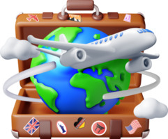 3d vintage travel bag, globe and airplane png