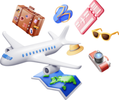 3d airline ticket, travel bag, map and airplane. png