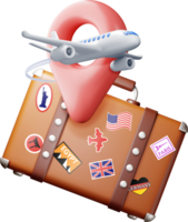 3d vintage travel bag with stickers and airplane. png