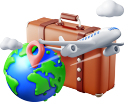 3d vintage travel bag, globe and airplane png