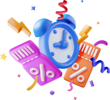 3d Coupon with percent, alarm clock and confetti png