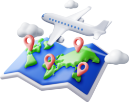 3D airplane in clouds and paper map png