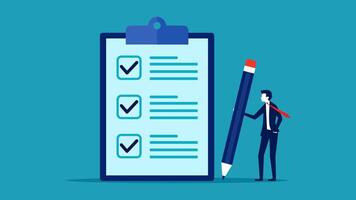 businessman with clipboard and pencil checking checklist on blue background vector