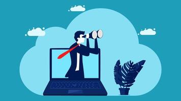 businessman looking through binoculars on laptop computer vector