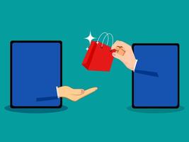 two hands are holding a shopping bag and a tablet vector