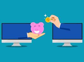 two hands are holding a piggy bank and a computer screen vector