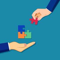 two hands holding a puzzle piece on a blue background vector
