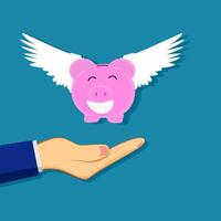 a hand holding a piggy bank with wings and a smile vector