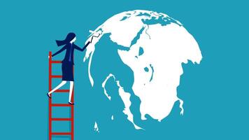 a woman is standing on a ladder and painting the world vector