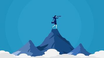 businesswoman standing on top of mountain with binoculars vector