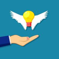 hand with light bulb and wings on blue background vector