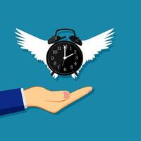 a hand holding an alarm clock with wings vector