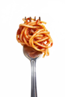 gaffel med snurra av spaghetti spaghetti. utsökt pasta servering, stänga upp png