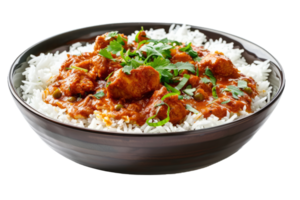 Tikka masala curry chicken served over rice in bowl. Traditional Indian food png