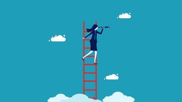 businesswoman climbing ladder to the clouds to find the right solution vector