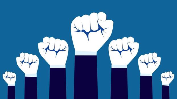 a group of hands with clenched fists on a blue background vector