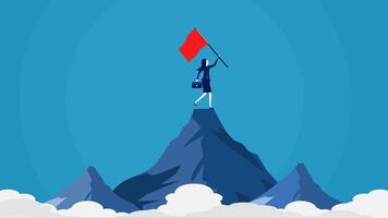 businesswoman on top of mountain holding red flag vector