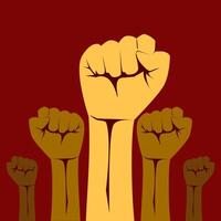 a group of fists raised up in the air on a red background vector