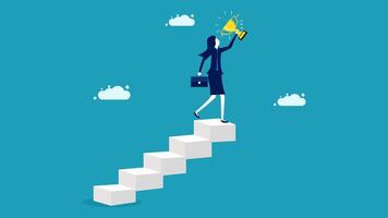 businesswoman standing on top of stairs with megaphone vector