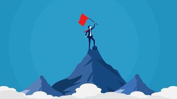 businessman on top of mountain with red flag vector