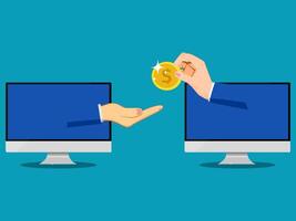 two hands are holding a gold coin over two computer screens vector