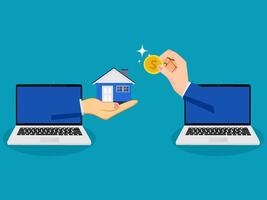 two hands are holding a laptop and a house with a coin vector