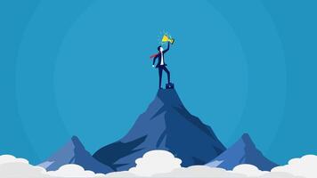 businessman standing on top of mountain with a golden light bulb vector