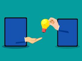 two hands are holding a light bulb and one is holding a tablet vector