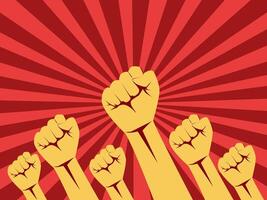 a red and yellow background with clenched fists vector