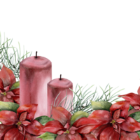 Natale rosso fiore poinsettia con grande candele e pino rami acquerello telaio. mano disegnato nuovo anno floreale modello per saluto carta, Imballaggio, etichetta design. inverno vigilia preparativi png