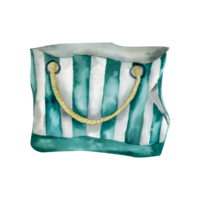 Beach bag watercolor illustration in retro style with green stripes, rope handles. Summer beach element, women bag for clothes for trip, travelling card design. png