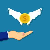 hand with dollar coin and wings on blue background vector