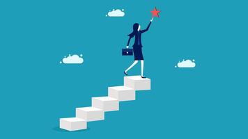 businesswoman climbing up the stairs to reach the star vector
