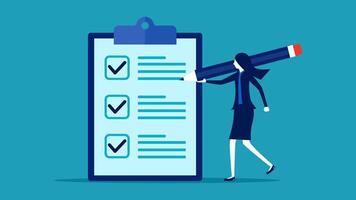 business woman with a pen and checklist on a blue background vector