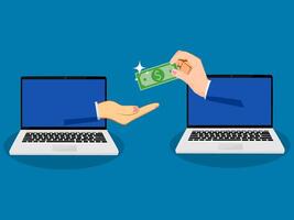 two hands are holding money from a laptop vector