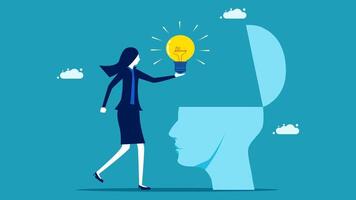 business woman with light bulb in her head and a brain vector