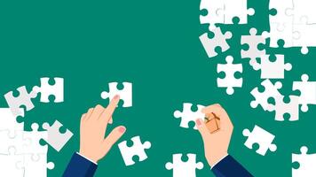 businessman hands holding pieces of puzzle on green background vector