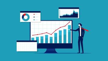 empresario con gráfico en monitor y gráficos en antecedentes vector