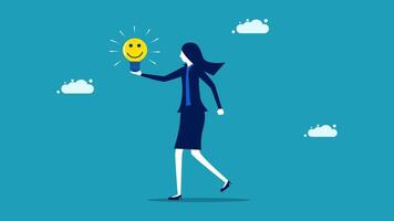 businesswoman holding a light bulb with smiley face vector