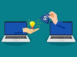 two hands are holding a laptop and a light bulb vector