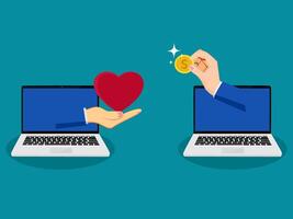 two hands are holding a heart and a coin on a laptop vector