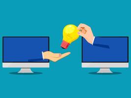 two hands are holding a light bulb over two computer screens vector