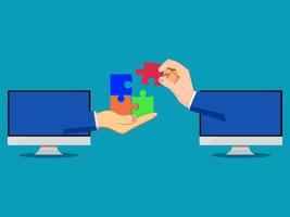 two hands holding a colorful puzzle piece on a computer screen vector