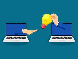 two hands are holding a light bulb over a laptop vector
