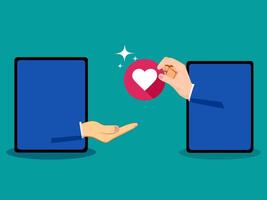 two hands are holding a heart in front of a tablet vector